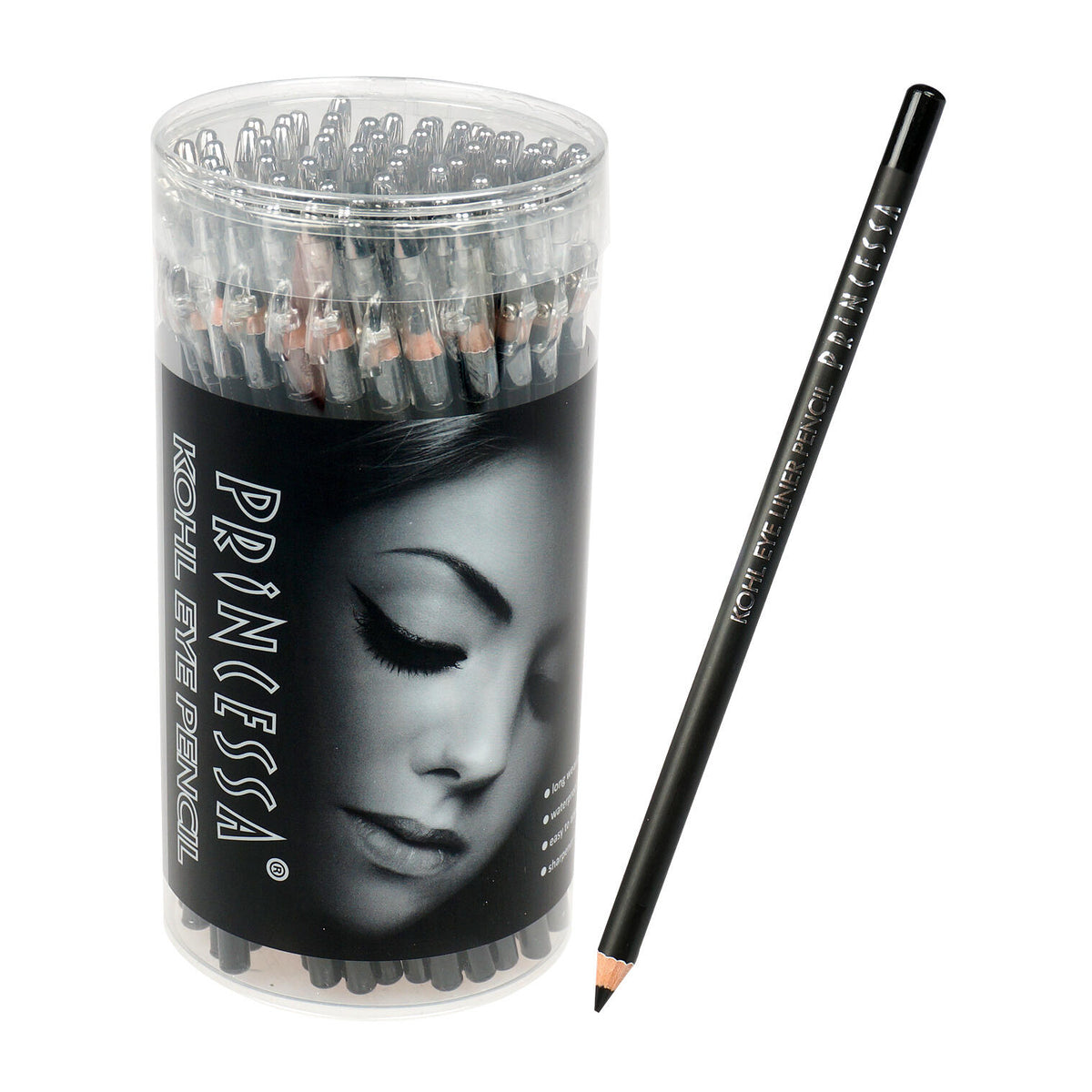 Princessa black eyeliner pencil with built-in sharpener and display container
