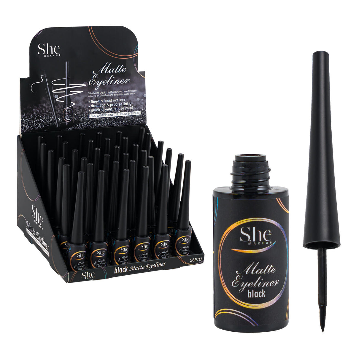 S.he Makeup Matte Liquid Eyeliner, 17 oz, Fine Tip, Black — imagen principal del producto
