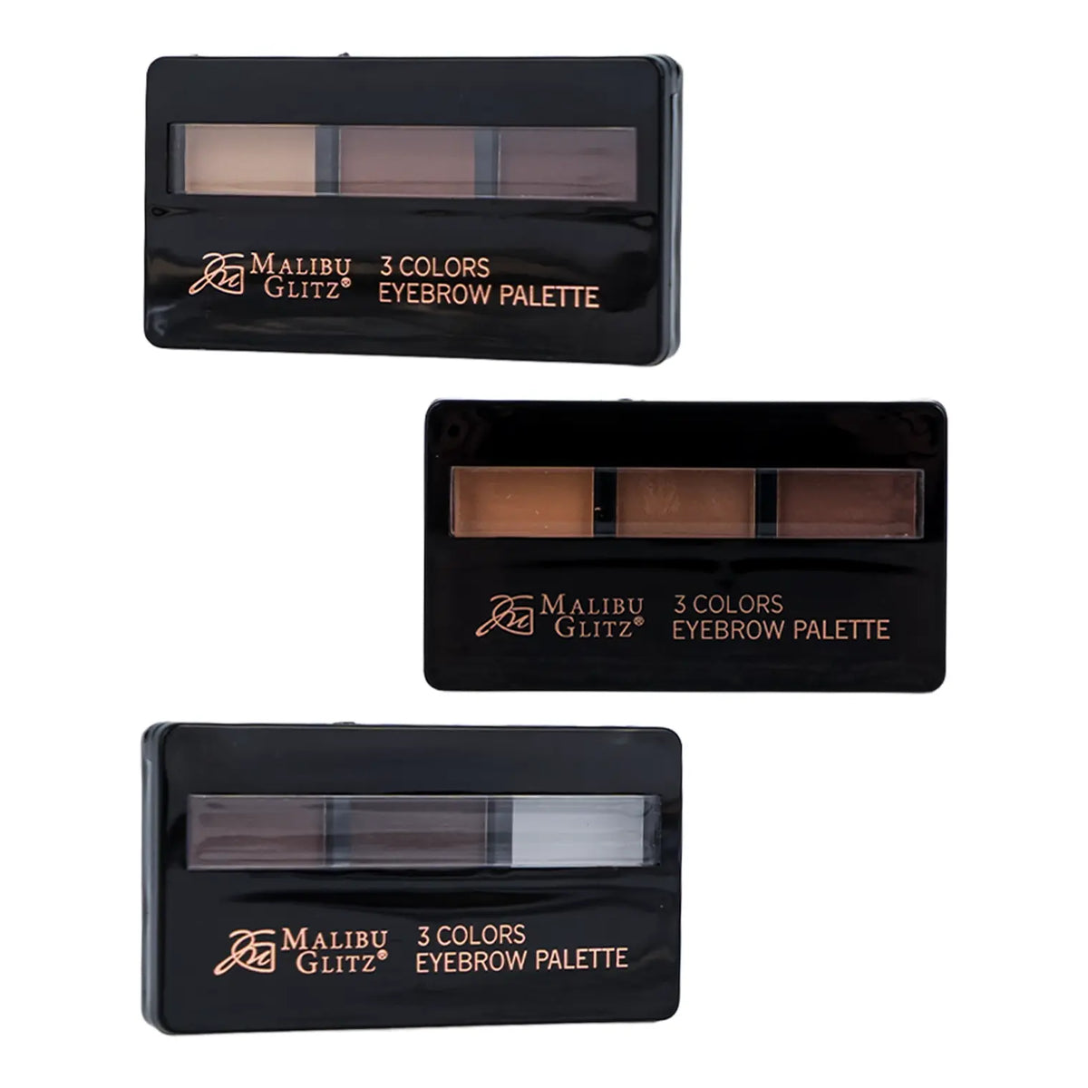 Malibu Glitz 3-color eyebrow palettes in three assorted color combinations