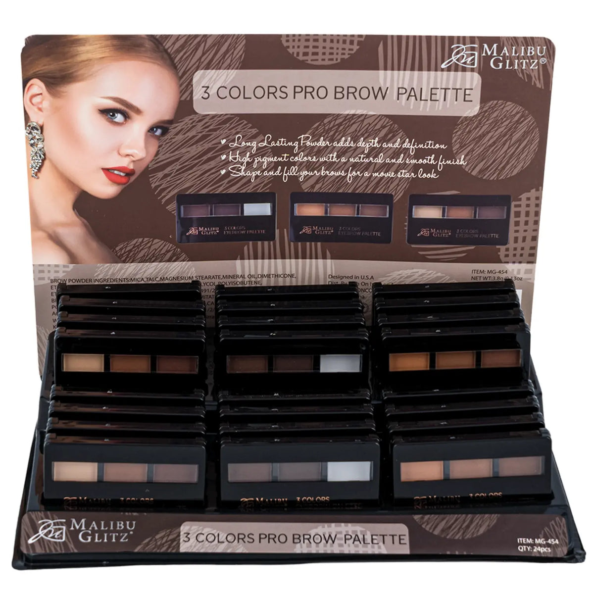 Malibu Glitz 3-color pro brow palette display with assorted eyebrow shades