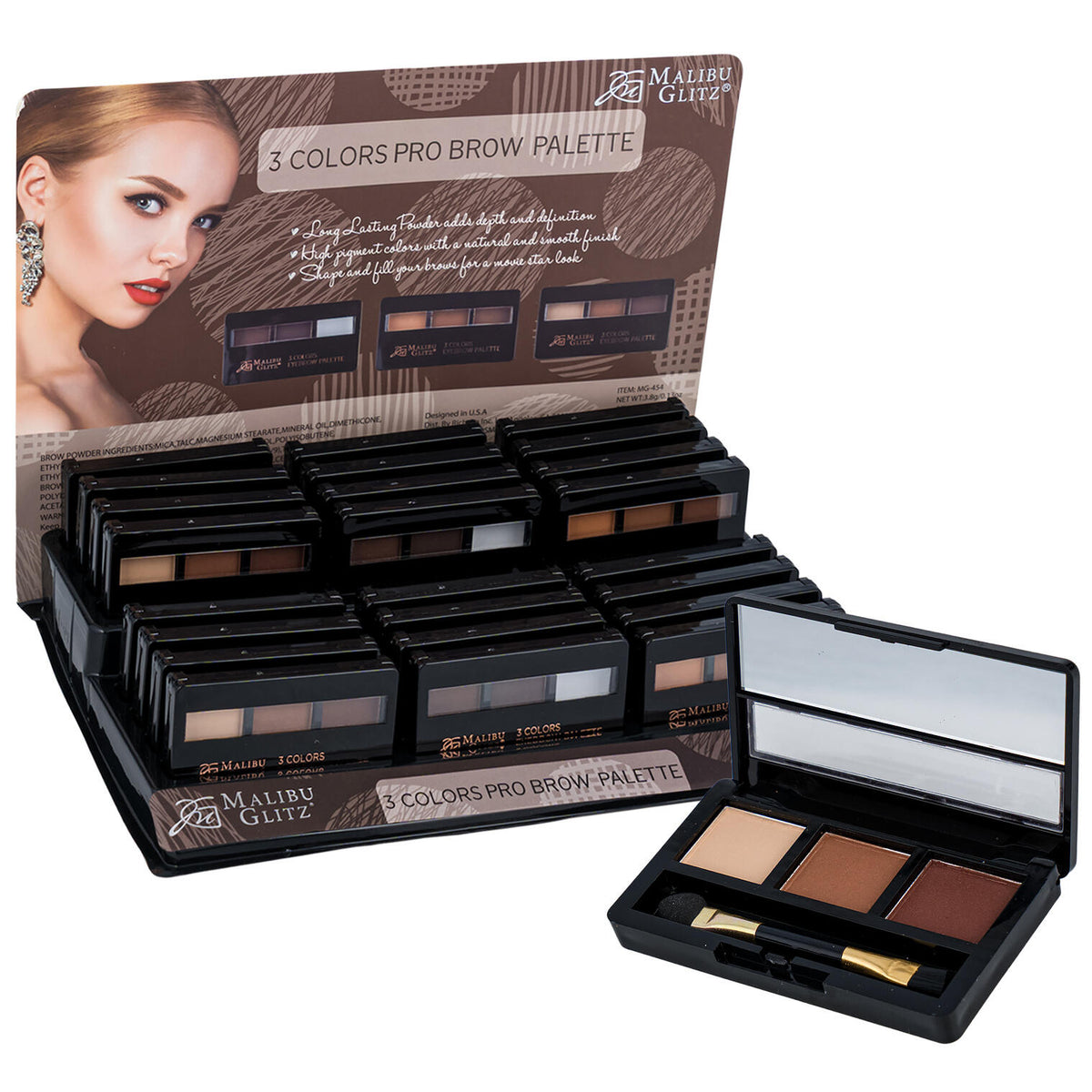 Open Malibu Glitz 3-color eyebrow palette with mirror and applicator brush
