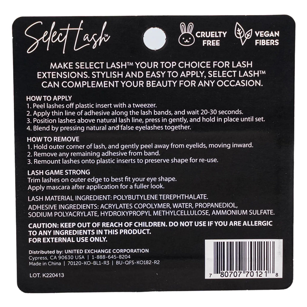 Back of Select Lash Cat Eyes eyelashes package with instructions