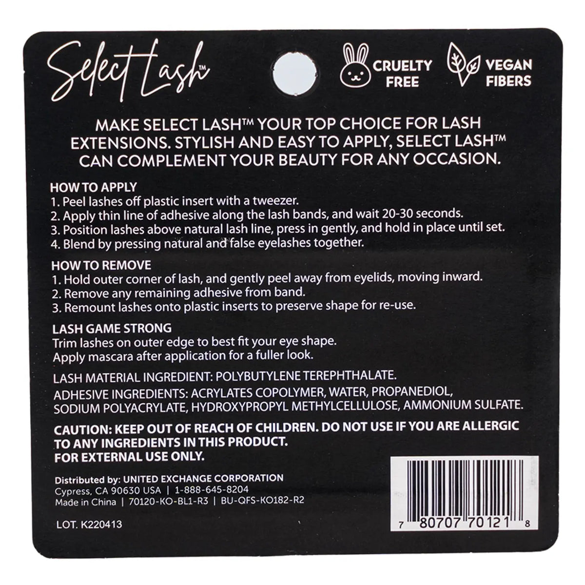 Back of Select Lash Cat Eyes eyelashes package with instructions