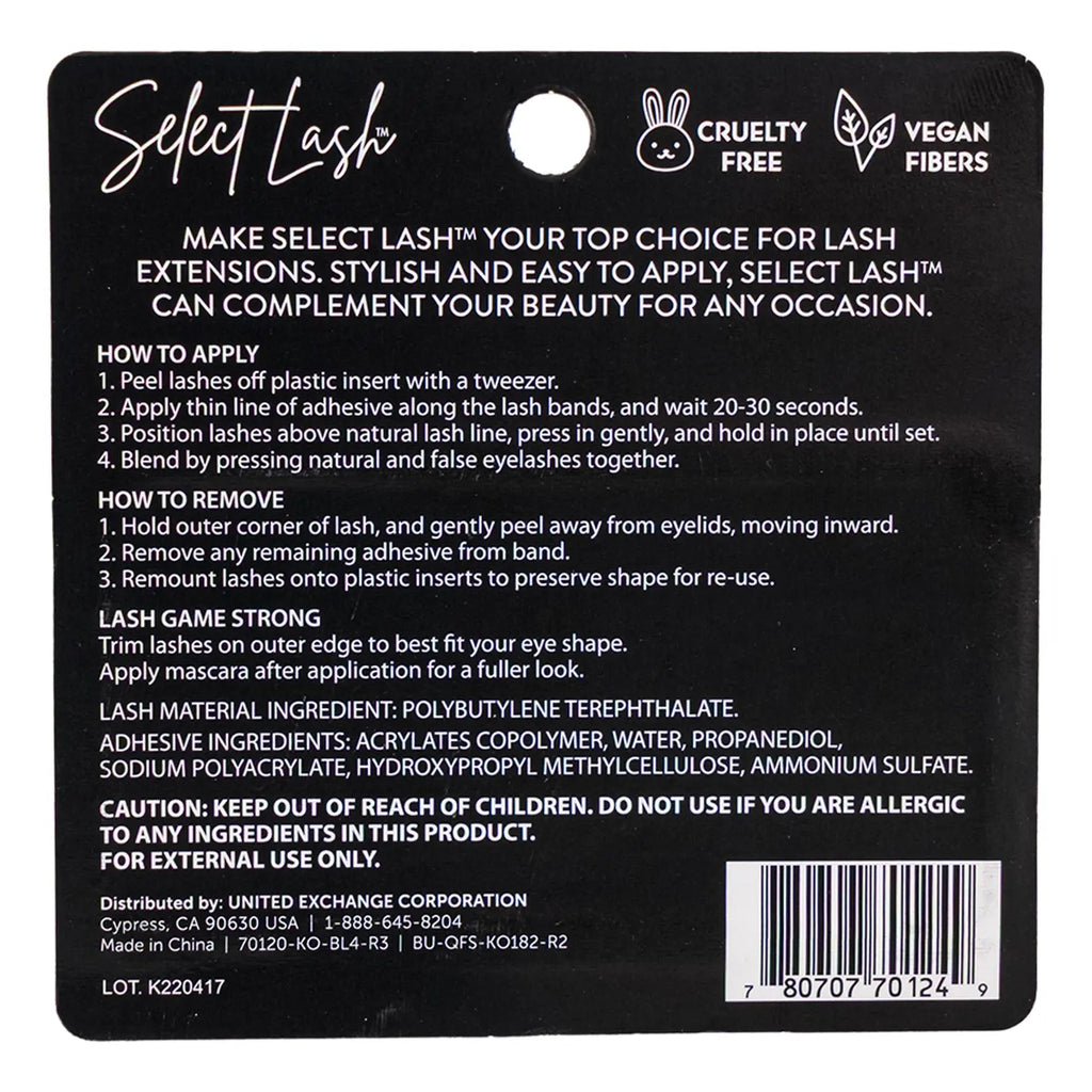 Back of Select Lash Dramatic eyelashes package with instructions
