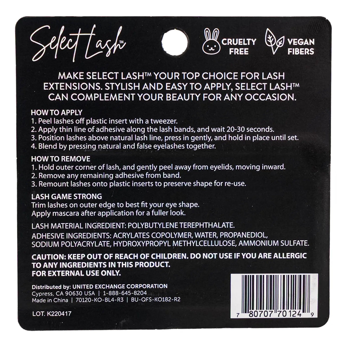Back of Select Lash Dramatic eyelashes package with instructions
