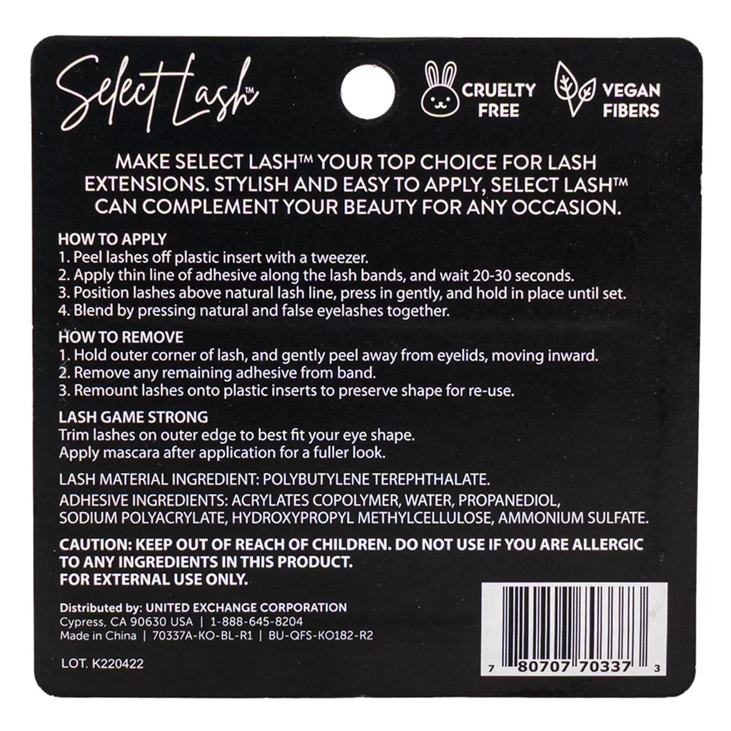 Back of Select Lash round eyelashes package with application instructions