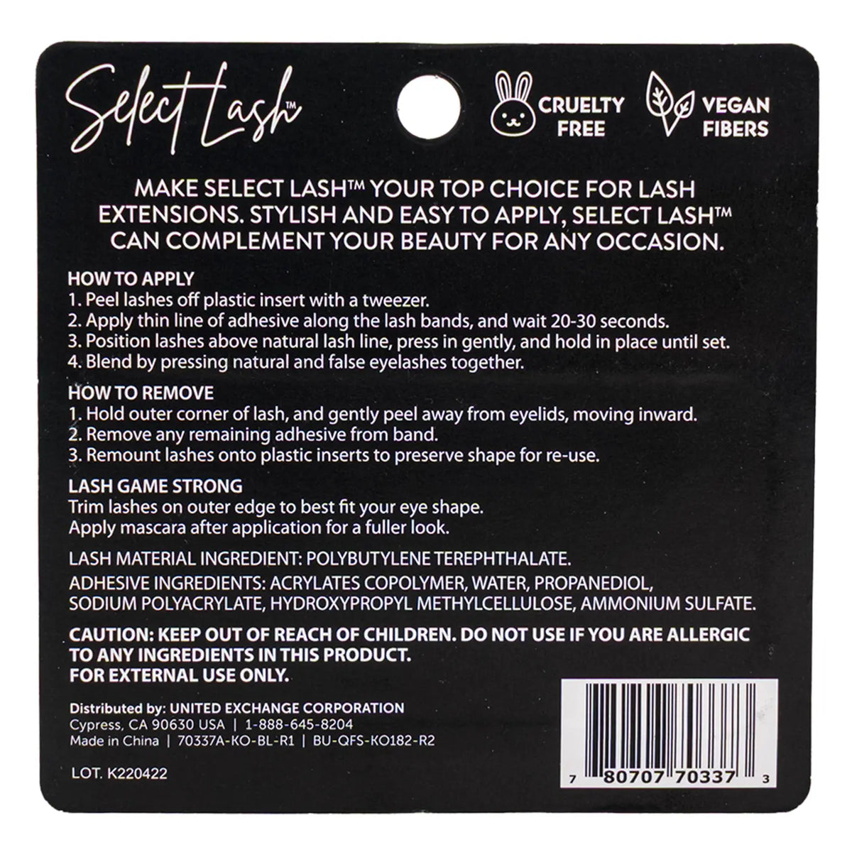 Back of Select Lash round eyelashes package with application instructions