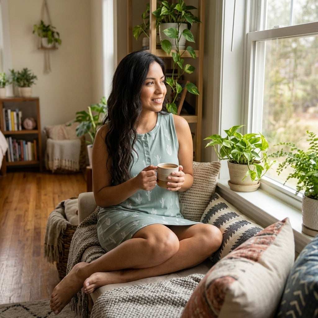 Woman relaxing at home in a Honeydew Intimates sleep tank dress