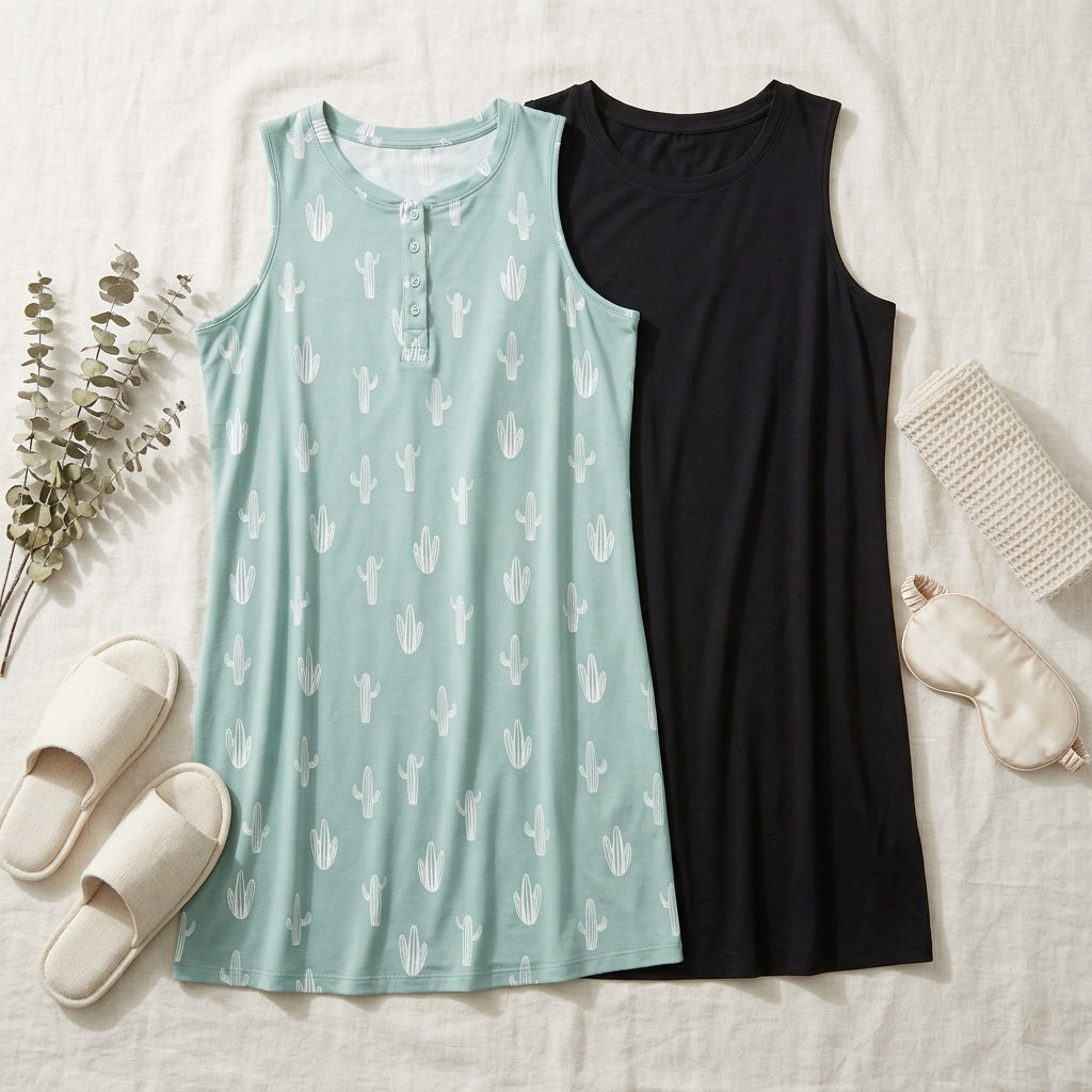 Two Honeydew Intimates sleep tank dresses in black and light blue cactus print