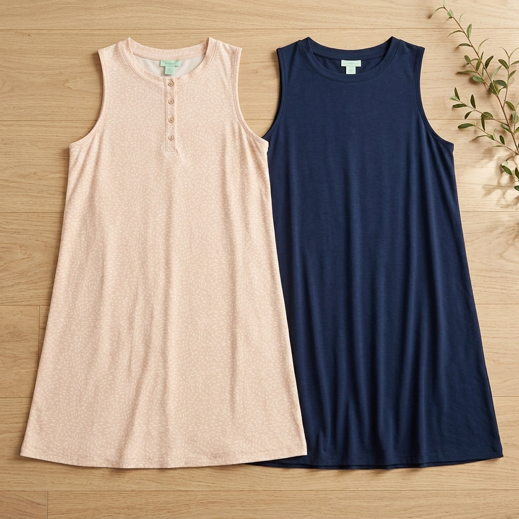 Two Honeydew Intimates sleep tank dresses in beige and navy blue