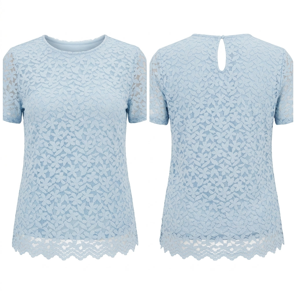 Teddi Rose women’s light blue lace blouse styled for everyday wear