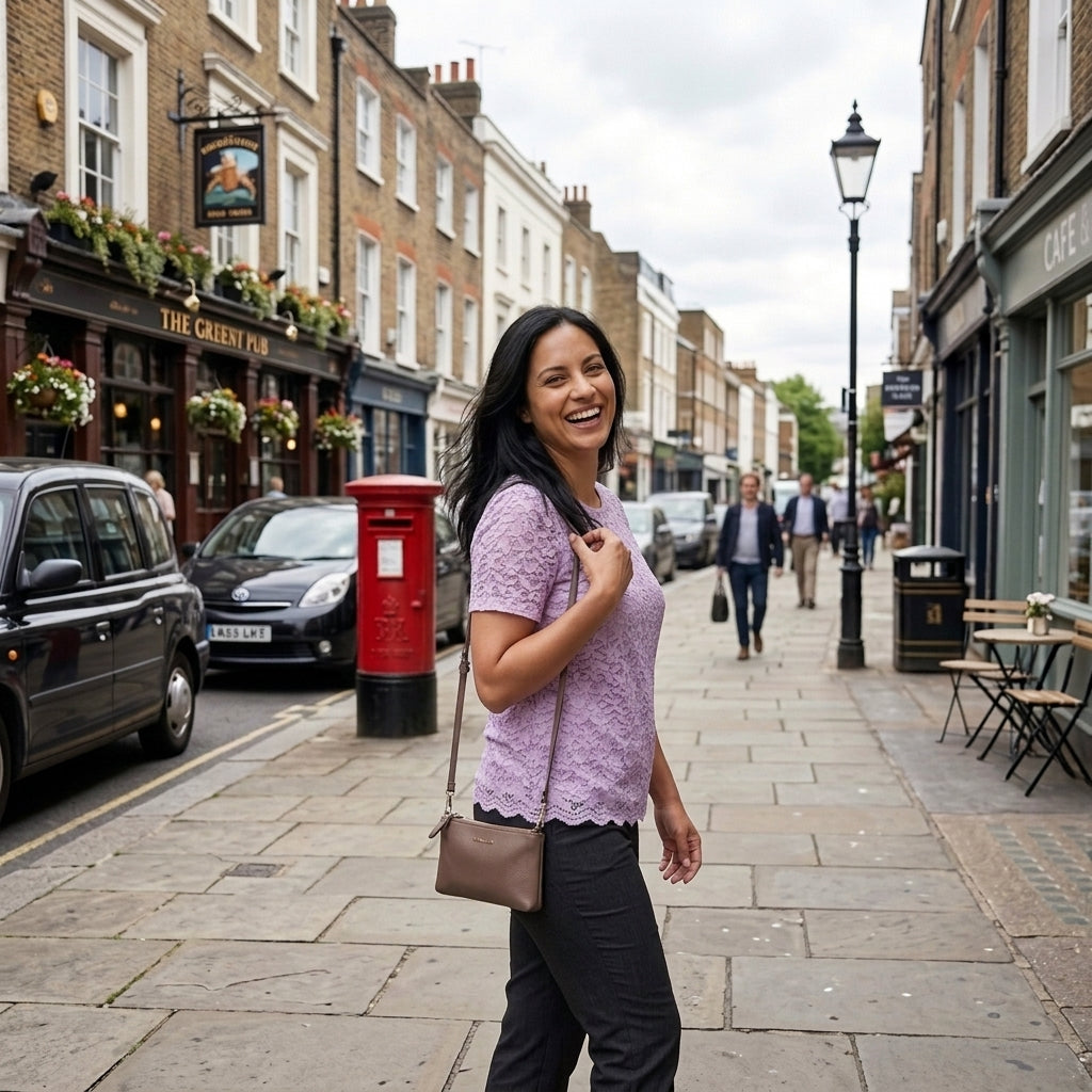 Woman wearing a Teddi Rose purple lace short-sleeve top, size Small