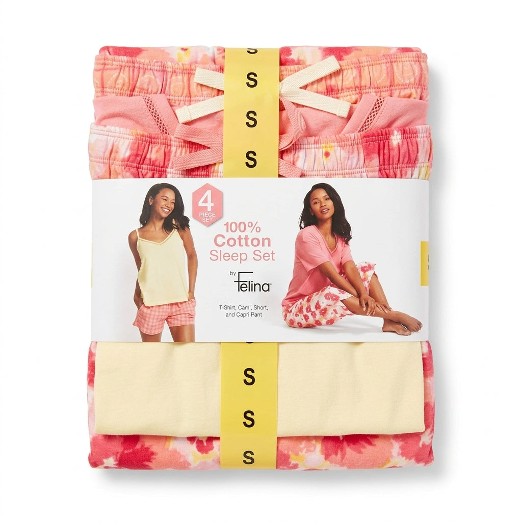 Felina 100% Cotton 4-Piece Pajama Set – Sizes S & 3XL