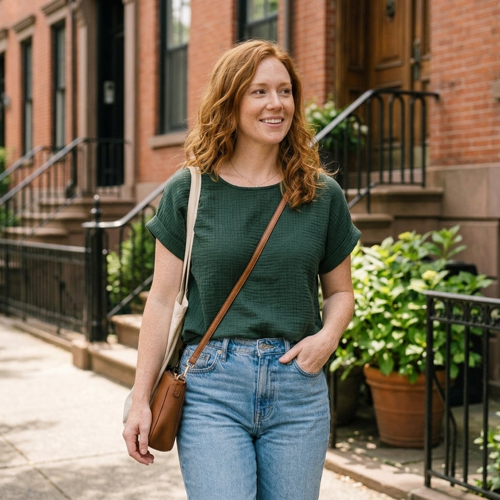 Model wearing Gloria Vanderbilt women's cotton gauze top in sizes XS, S and L, alternate pose 5