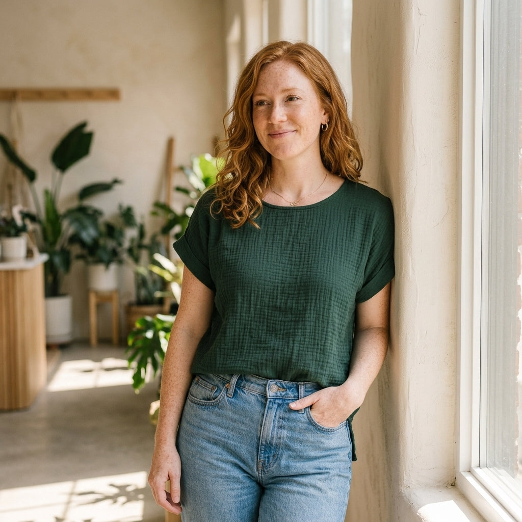 Model wearing Gloria Vanderbilt women's cotton gauze top in sizes XS, S and L, alternate pose 3