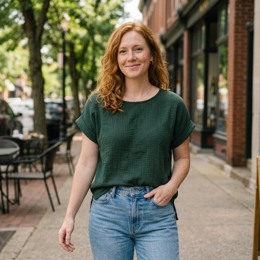 Model wearing Gloria Vanderbilt women's cotton gauze top in sizes XS, S and L, alternate pose 4
