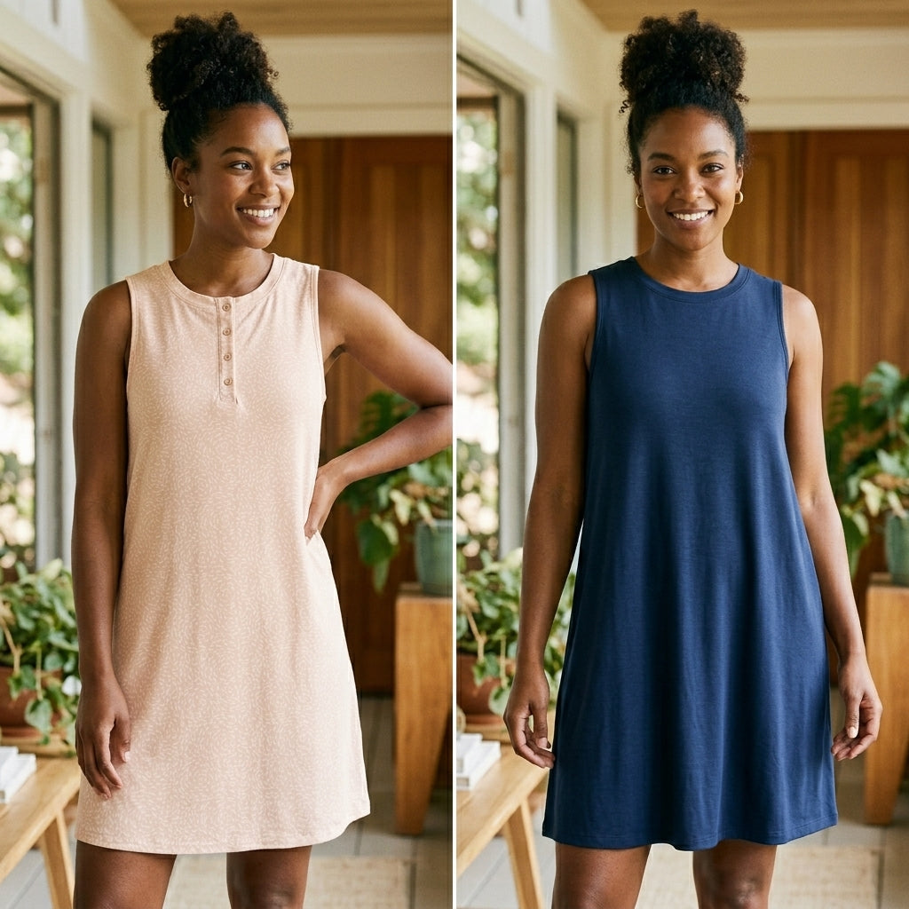 Model wearing Honeydew Intimates sleep tank dresses in beige and navy blue