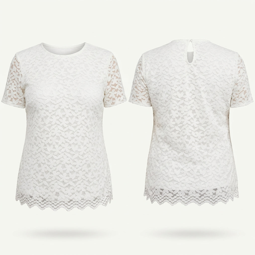 Teddi Rose white lace short-sleeve top, front and back views, size Large