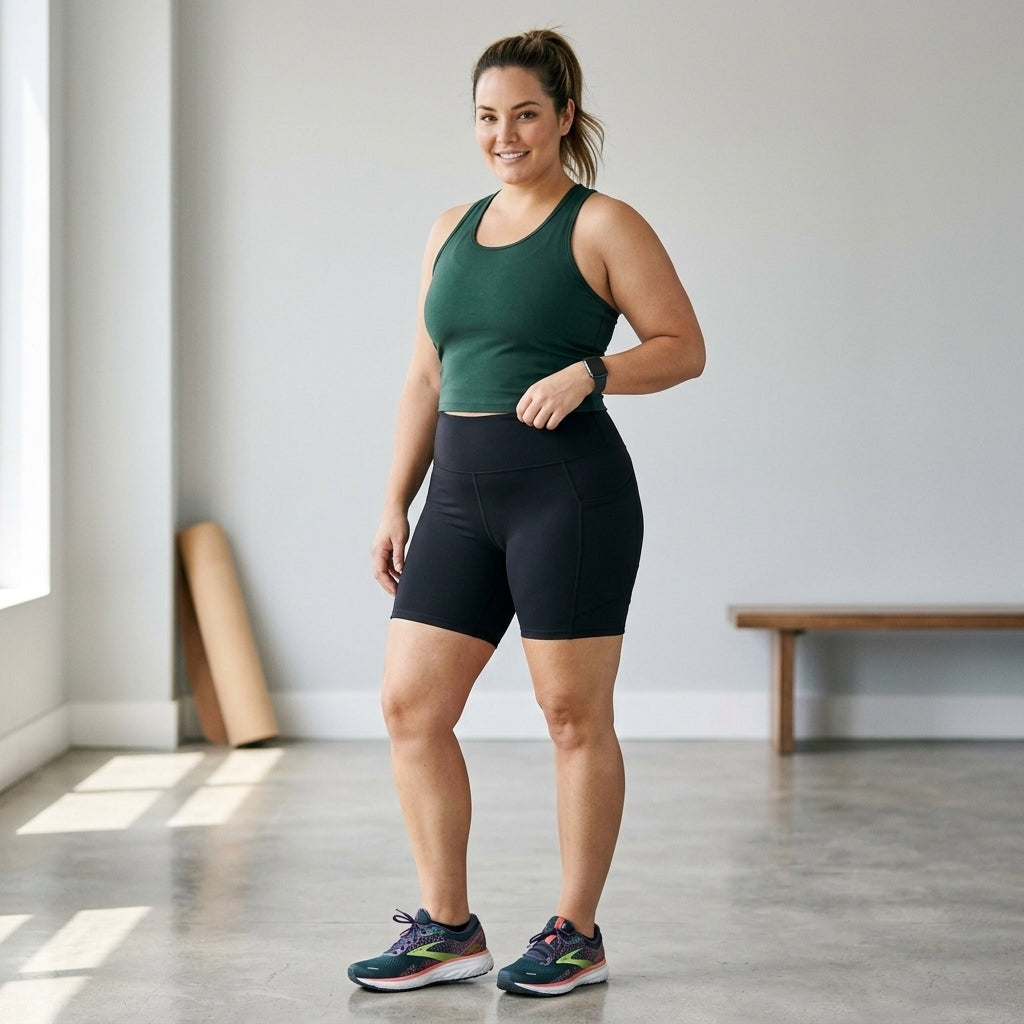 Fabletics women's black high-waisted athletic shorts in size XXL modeled indoors, front view