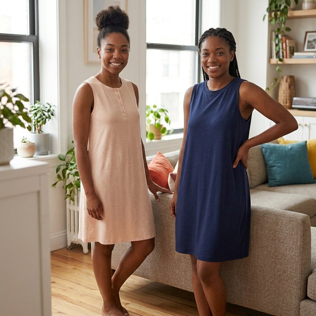 Two women modeling beige and navy Honeydew Intimates sleep tank dresses