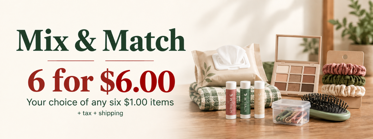 Banner de ofertas Mix & Match: elige 6 productos por $6 en Olivia’s Bargain Barn