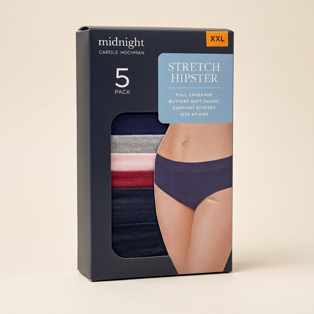 Carole Hochman Midnight 5-pack stretch hipster underwear in size XXL, shown in packaging