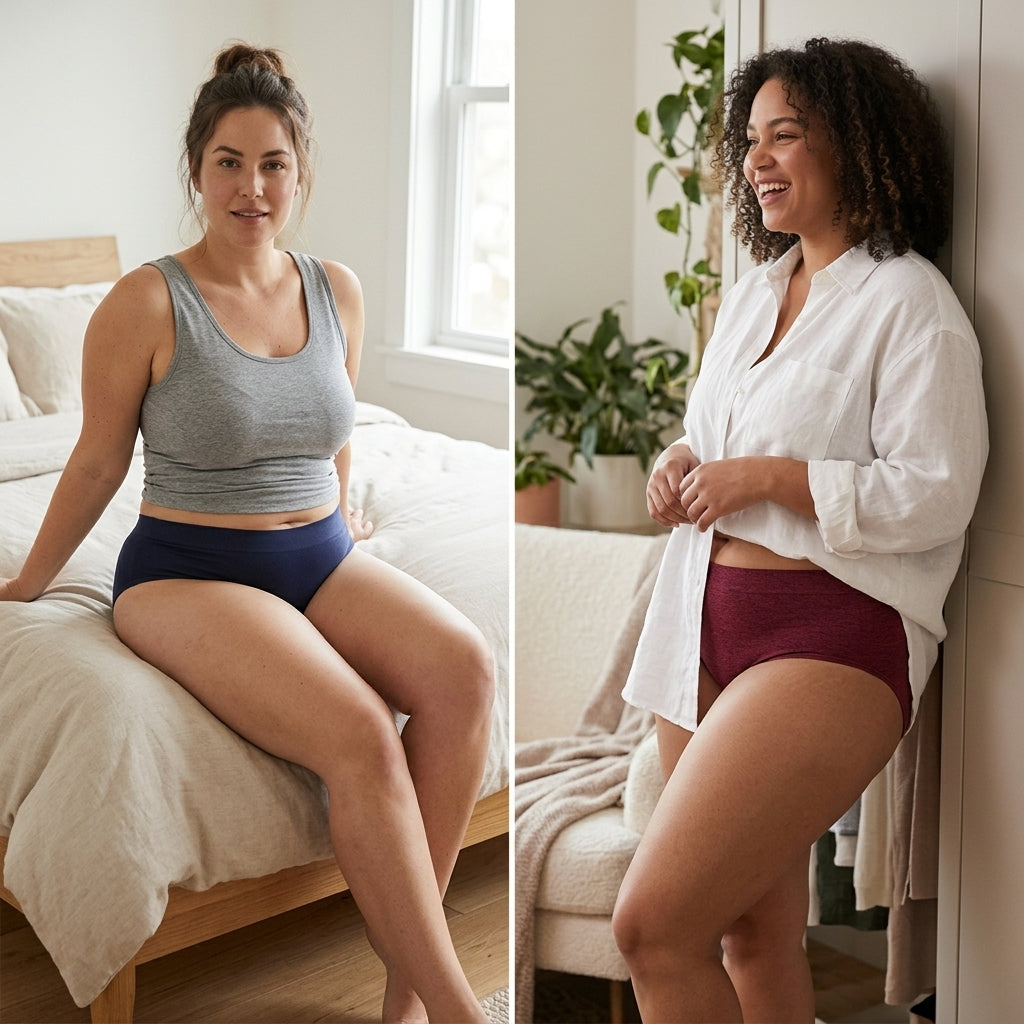 Carole Hochman stretch hipster underwear modeled in navy and burgundy, size XXL