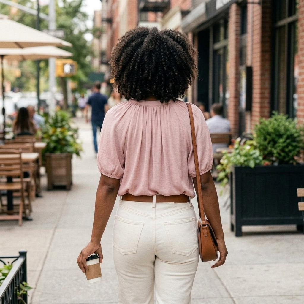 Back view of Well Worn women's tie-neck top in sizes M, L and XXL