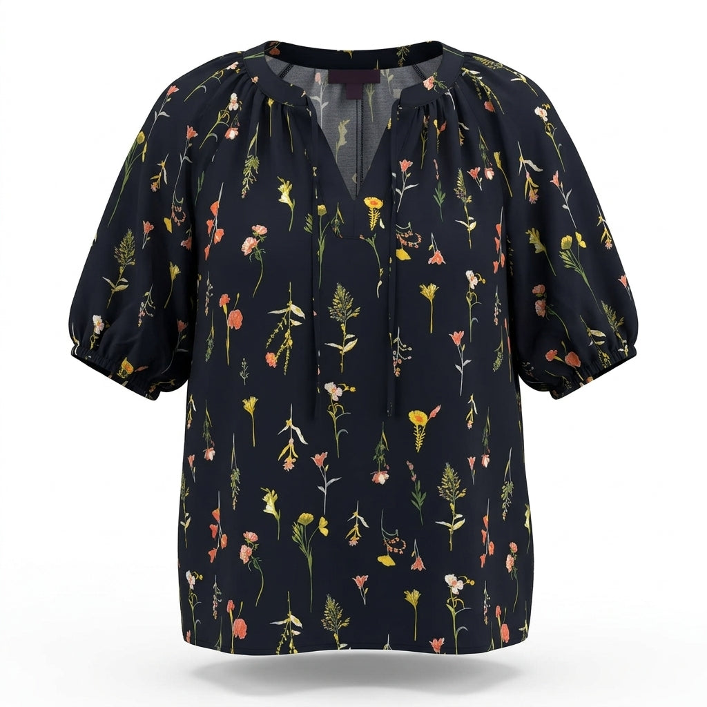 Well Worn women's navy floral tie-neck top with short sleeves, size XS, front view