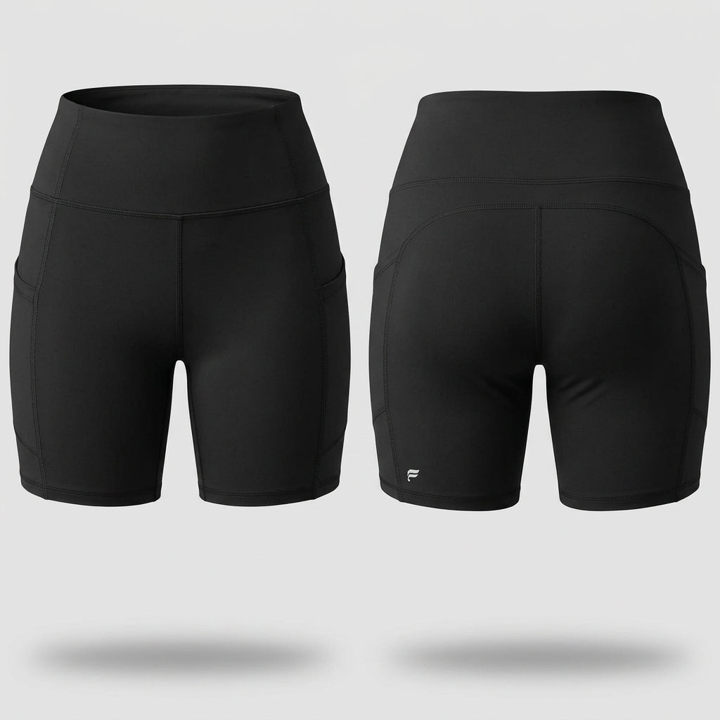 Front and back views of Fabletics women's black high-waisted athletic shorts, size XXL