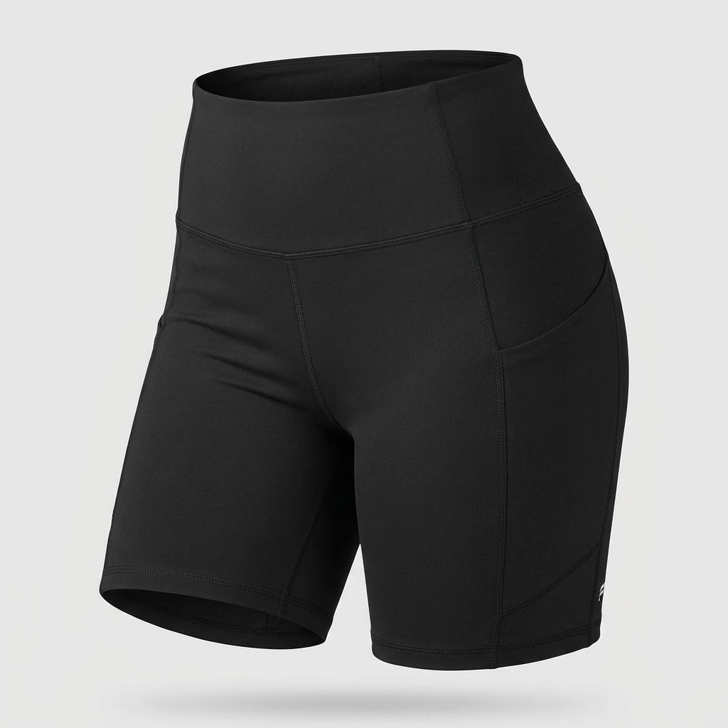 Angled product view of Fabletics black high-waisted athletic shorts showing the wide waistband, size XXL