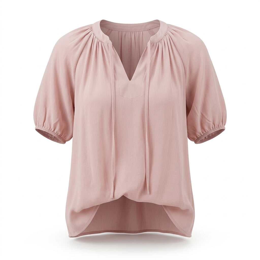 Product photo of Well Worn women's tie-neck top in sizes M, L and XXL, alternate view 3