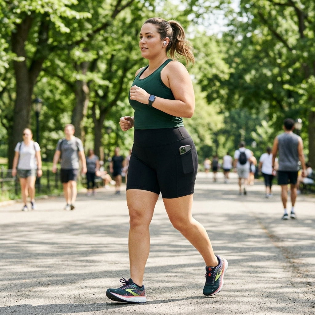 Woman jogging outdoors in Fabletics black high-waisted athletic shorts, size XXL, side view with pocket