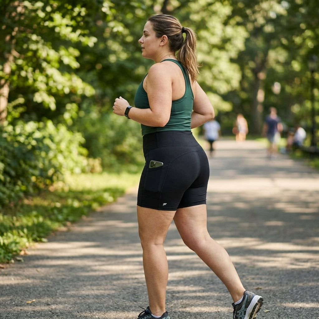 Rear three-quarter view of woman wearing Fabletics black high-waisted athletic shorts, size XXL, on a park path