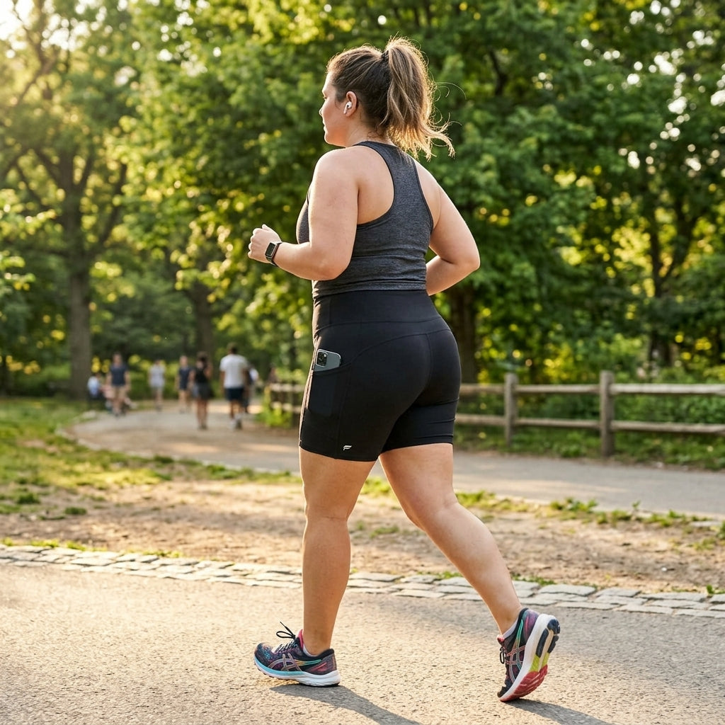 Back view of woman walking in a park wearing Fabletics black high-waisted athletic shorts, size XXL