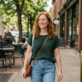 Woman wearing Gloria Vanderbilt green cotton gauze top
