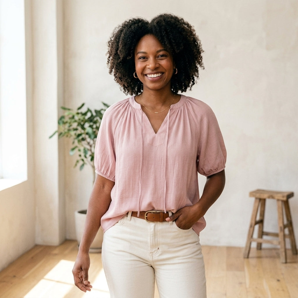 Model wearing Well Worn women's tie-neck top in sizes M, L and XXL