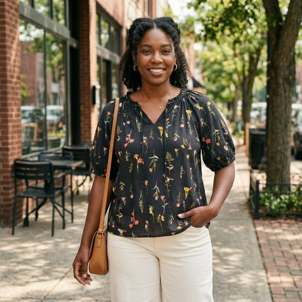 Model wearing Well Worn women's navy floral tie-neck top, size XS, alternate pose 4