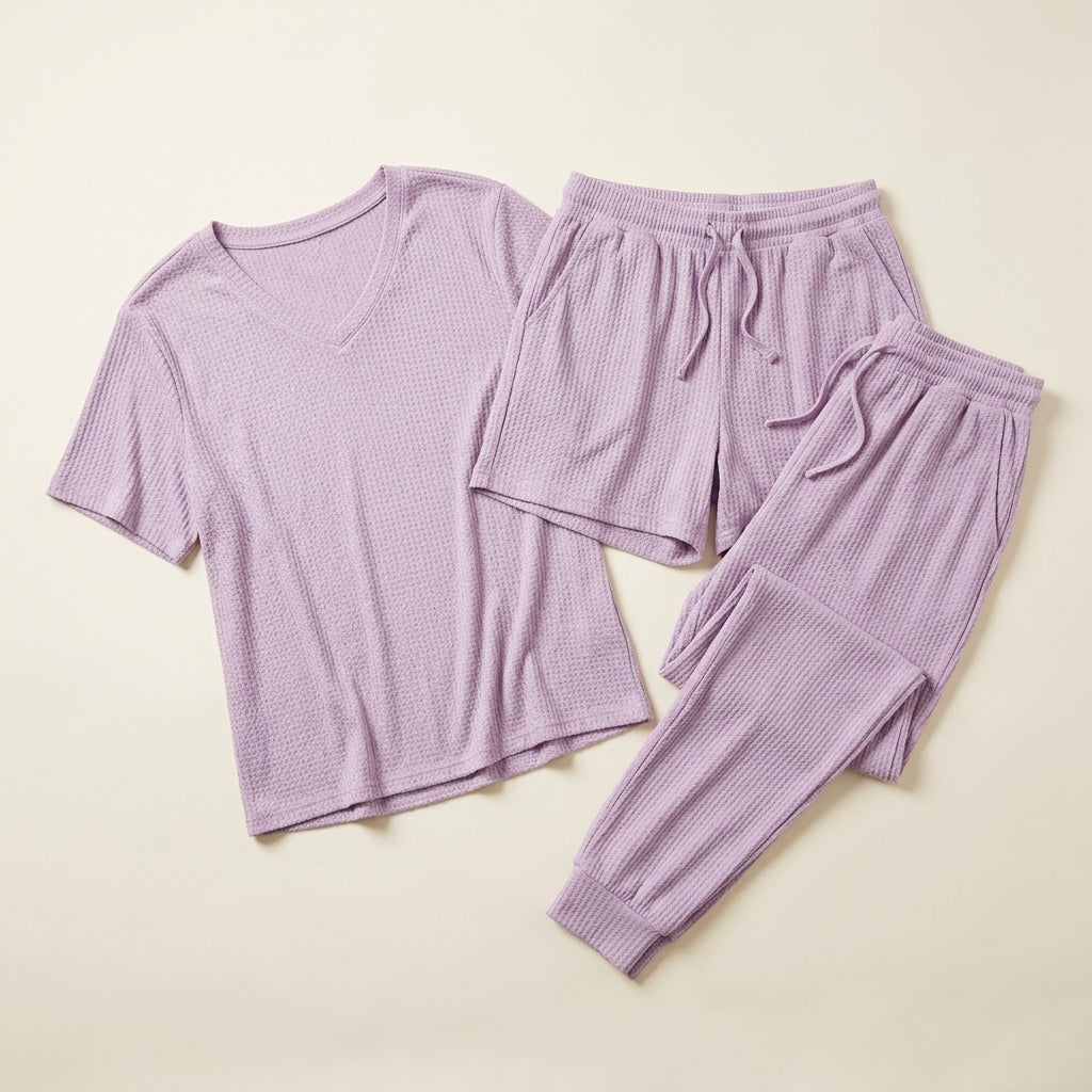 Honeydew Intimates lavender 3-piece lounge set laid flat: V-neck top, shorts and jogger pants, size XL