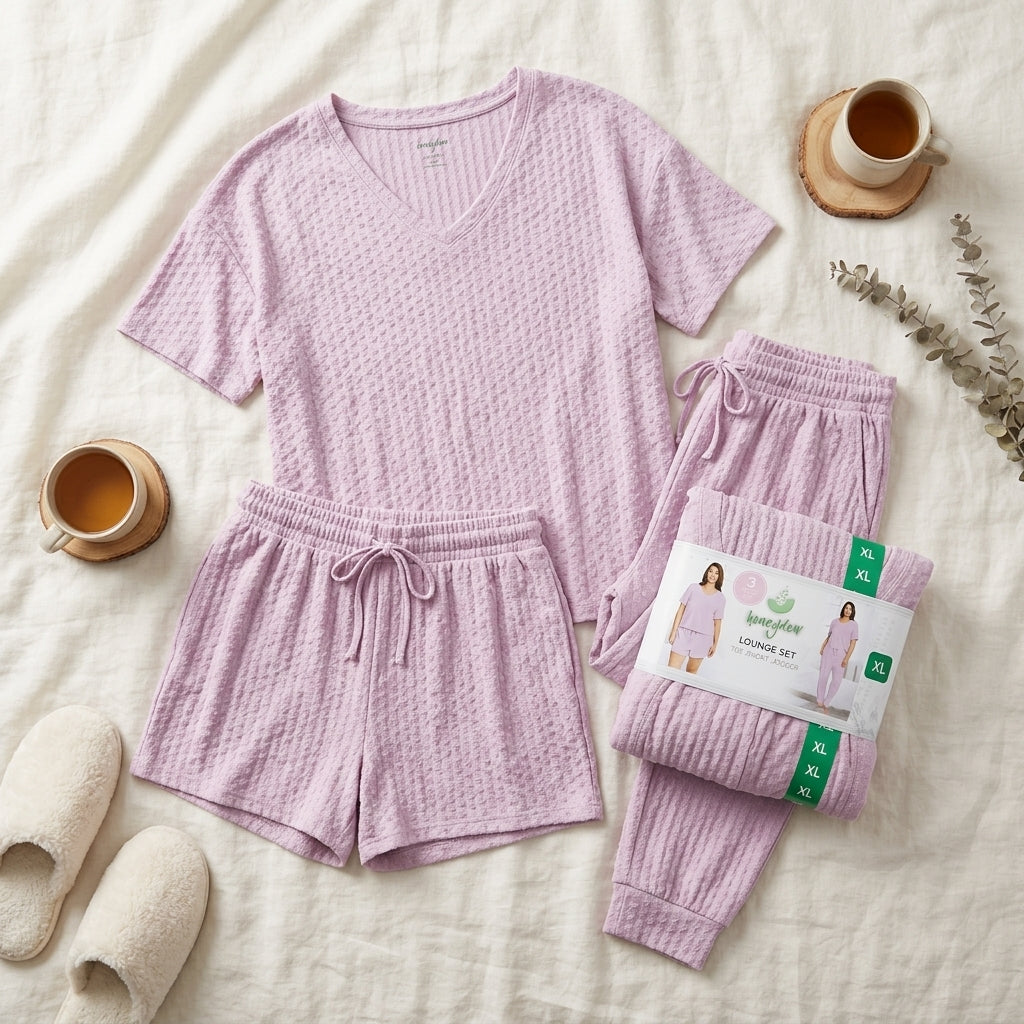 Honeydew Intimates lavender 3-piece pajama set with V-neck top, drawstring shorts and pants, size XL