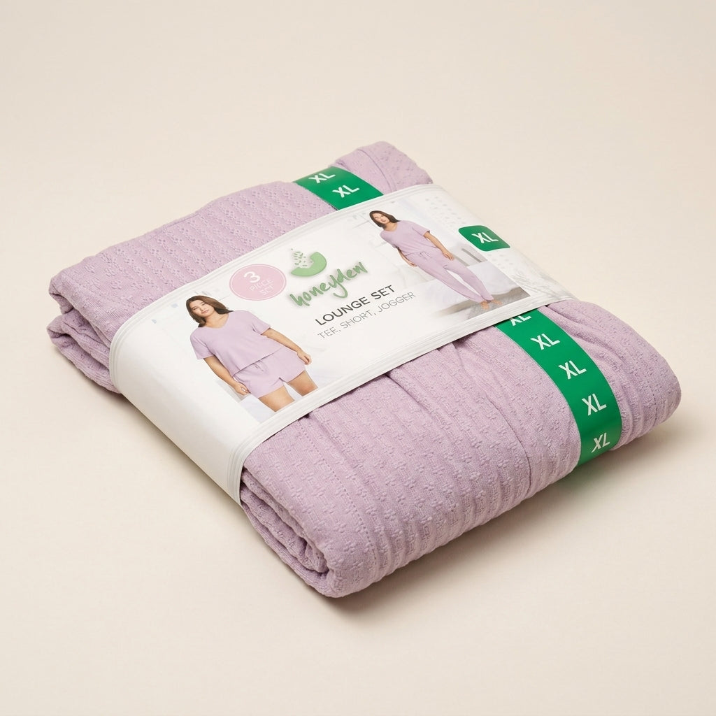 Folded Honeydew Intimates lavender 3-piece lounge set in size XL with original packaging